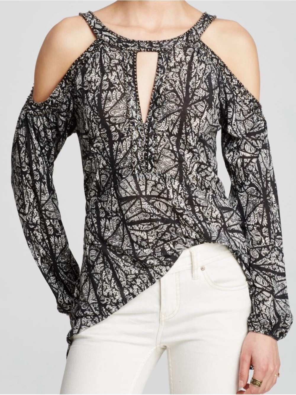 Free people Cold-Shoulder Black & White Printed Womens top